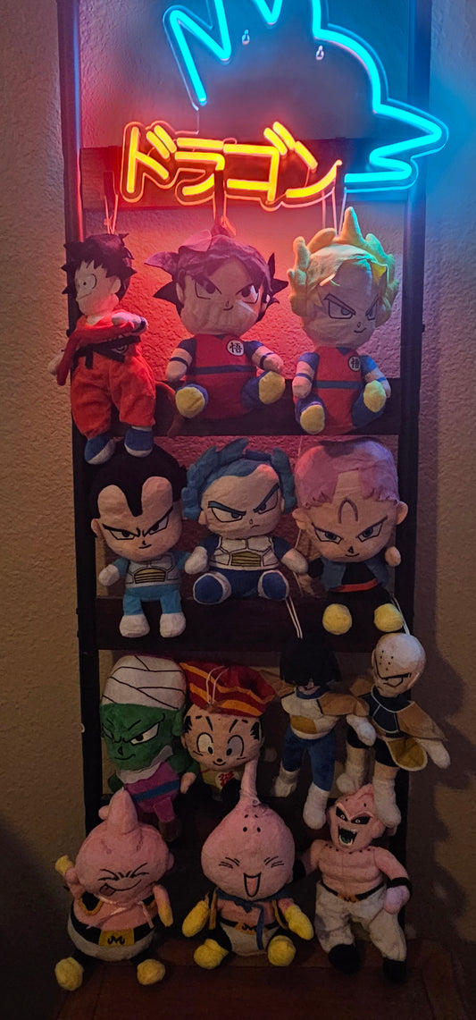 Collection of plush toys on a shelf with a neon sign in the background